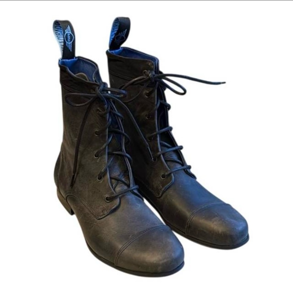 HTF John Fluevog Black Leather Lace-Up Mini Cooper Boots Blue Trim Size 9 NWOB